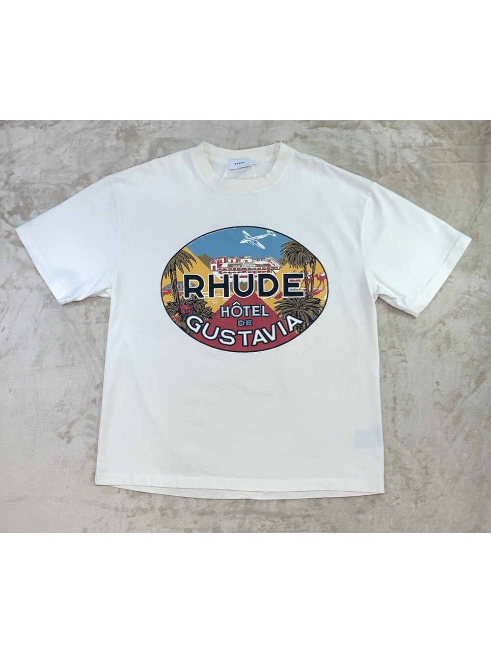 RHUDE Hôtel de Gustavia Graphic Print T-Shirt White Streetwear Mens Size L - EUC
